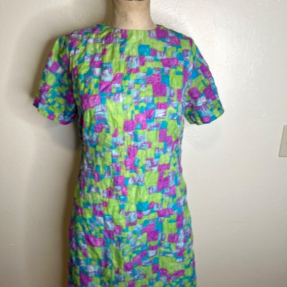 1970s Mod Neon Dress Size Medium quilt print colorful shift - Picture 13 of 14